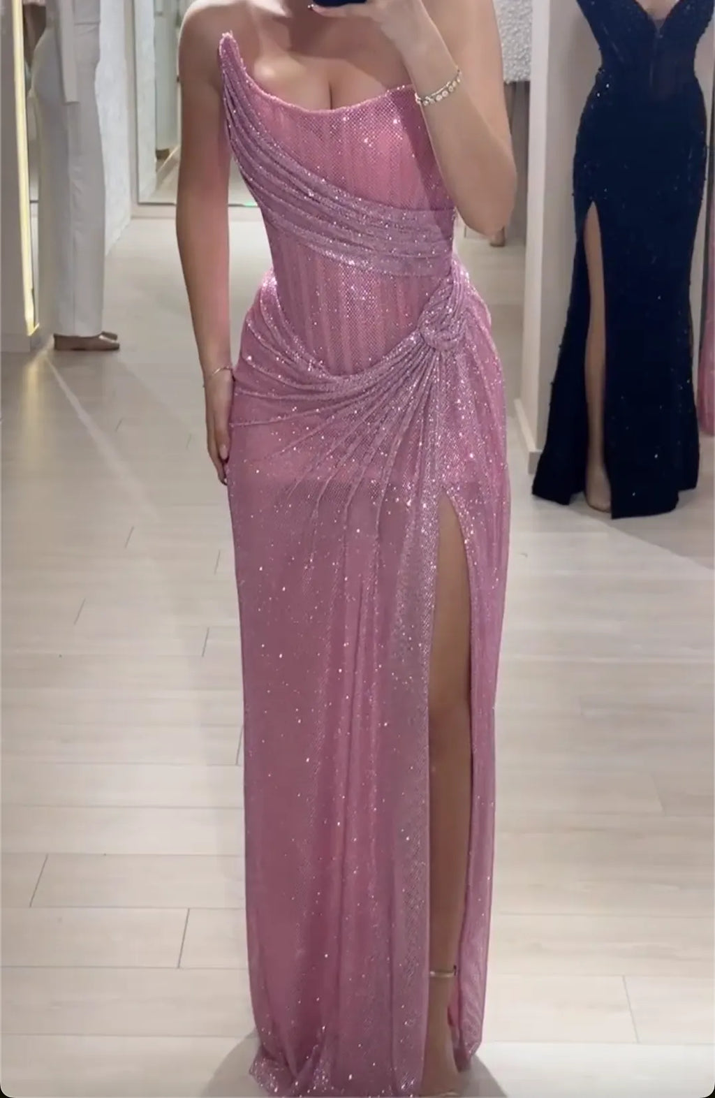 Blush Pink Lace Strapless Mermaid Evening Maxi Dress with High Slit & Glitter Detailing