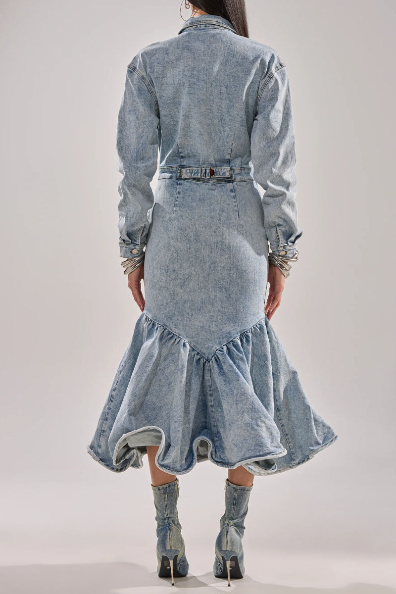 Women's Light Wash Denim Shirt Style Mermaid Hem Maxi Dress