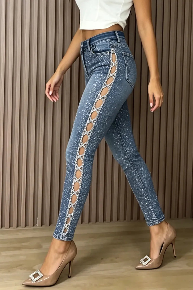 Women's Casual Rhinestone Side Cutout Skinny Jeans