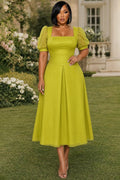Square Neck Puff Sleeve Cinch Waist Ruffle Hem Midi Dresses-Green [Pre Order]