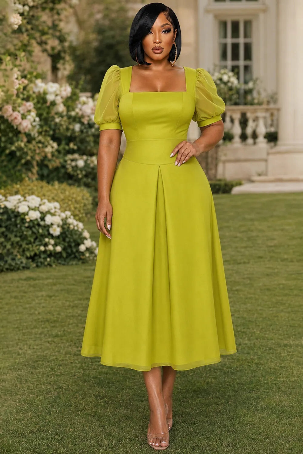 Square Neck Puff Sleeve Cinch Waist Ruffle Hem Midi Dresses-Green [Pre Order]