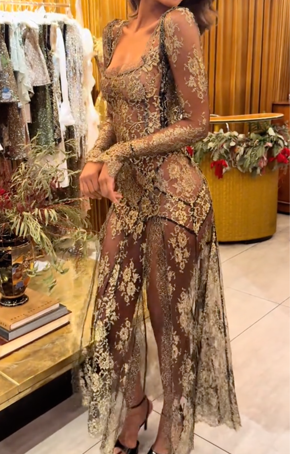 Black & Gold Sheer Lace Long Sleeve Maxi Dress with High Slit & Square Neck
