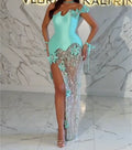 Mint Satin Off Shoulder 3D Floral Rhinestone Sheer Mermaid Evening Gown, High Slit Formal Dress with Choker & Wrist Straps