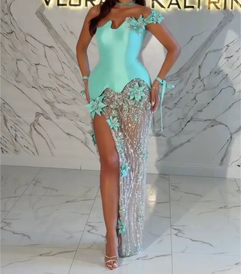 Mint Satin Off Shoulder 3D Floral Rhinestone Sheer Mermaid Evening Gown, High Slit Formal Dress with Choker & Wrist Straps
