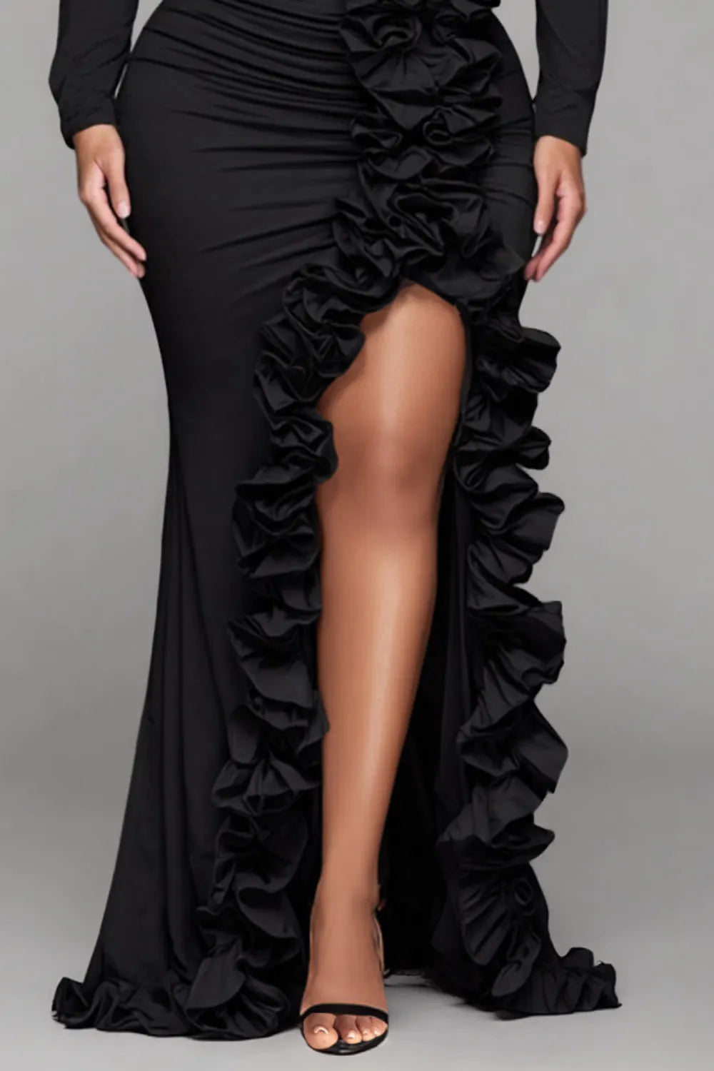 Black Round Neck Long Sleeve Split Elegant Ruffle 3D Satin Maxi Dresses