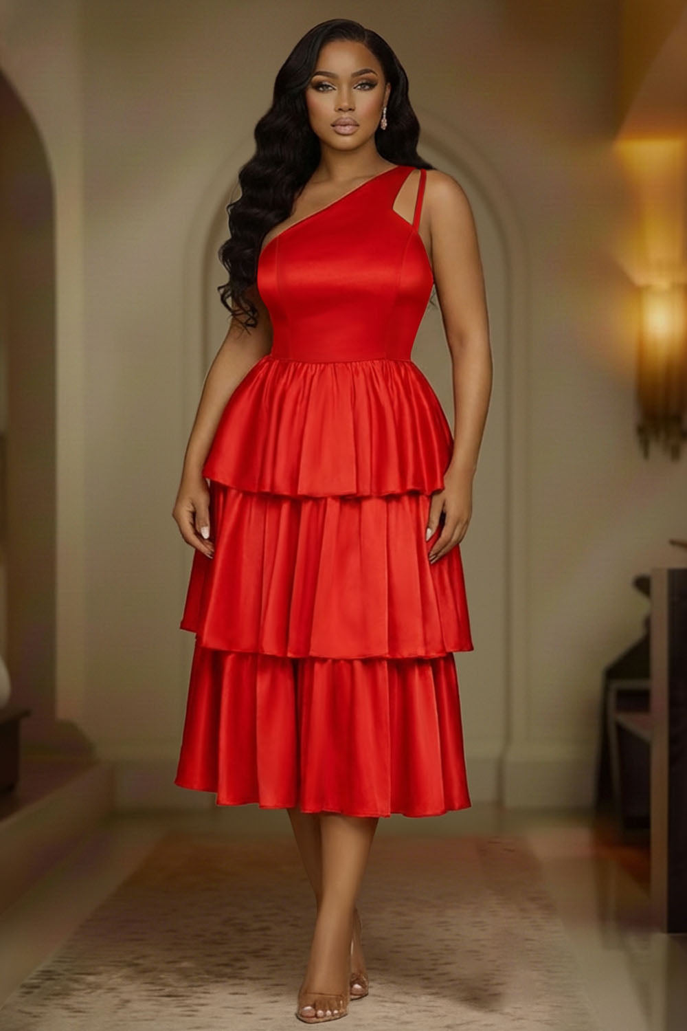 One Shoulder Cinch Waist Layered Ruffles Party Midi Dresses-Red