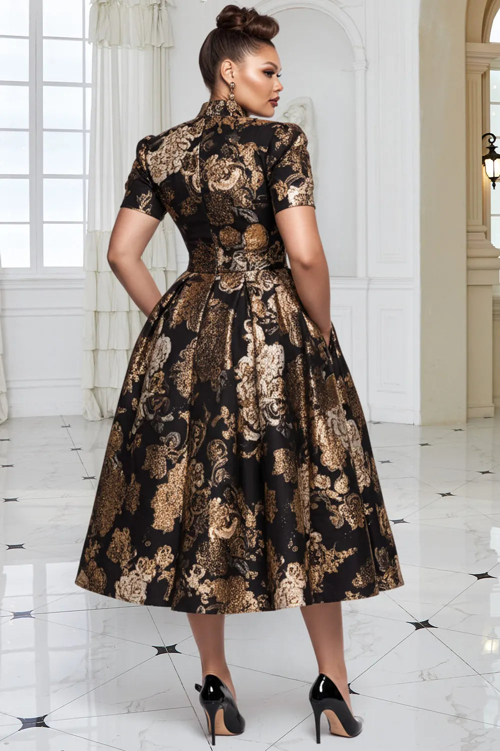 Black All Over Print Stand-Up Collar Short Sleeve Pocket Elegant Satin Midi Dresses