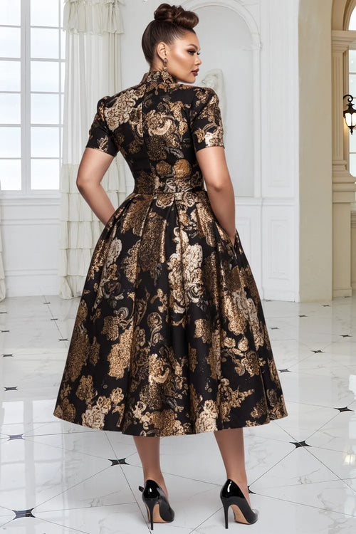 Black All Over Print Stand-Up Collar Short Sleeve Pocket Elegant Satin Midi Dresses