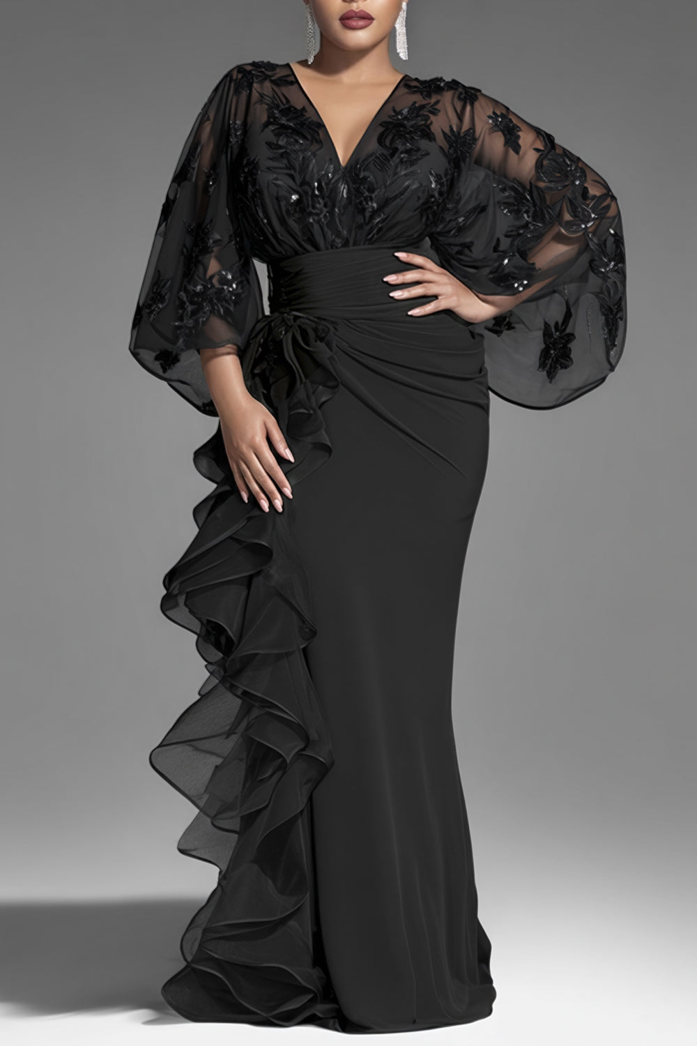 Black V Neck 3/4 Sleeve Ruffle Contrast Chiffon Maxi Dresses