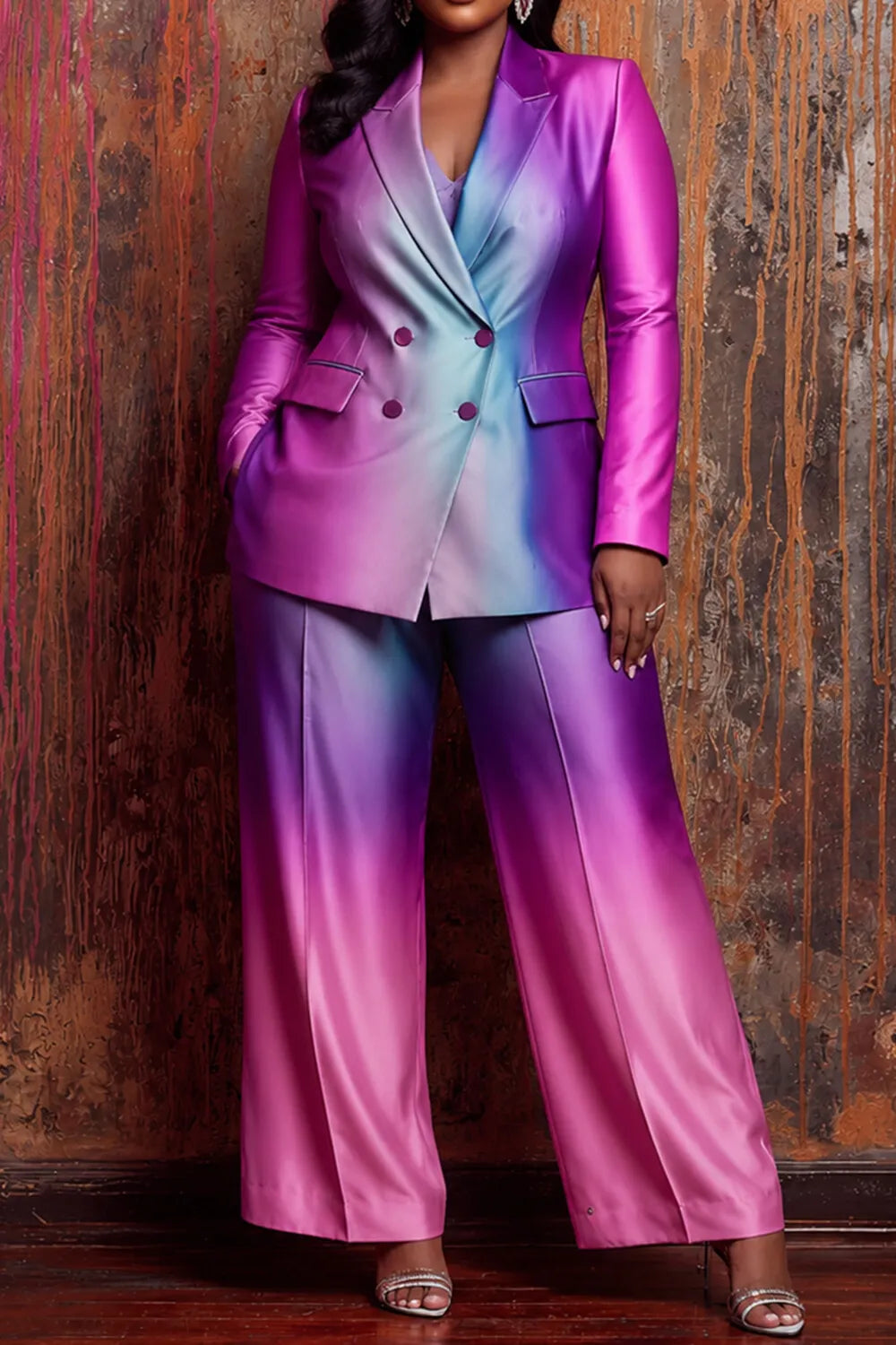 Multicolor Gradient Lapel Collar Long Sleeve Pocket Satin Two Piece Pant Suits