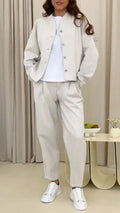 Beige Stand Collar Cropped Jacket & Pleated Ankle Pant Two Piece Suit