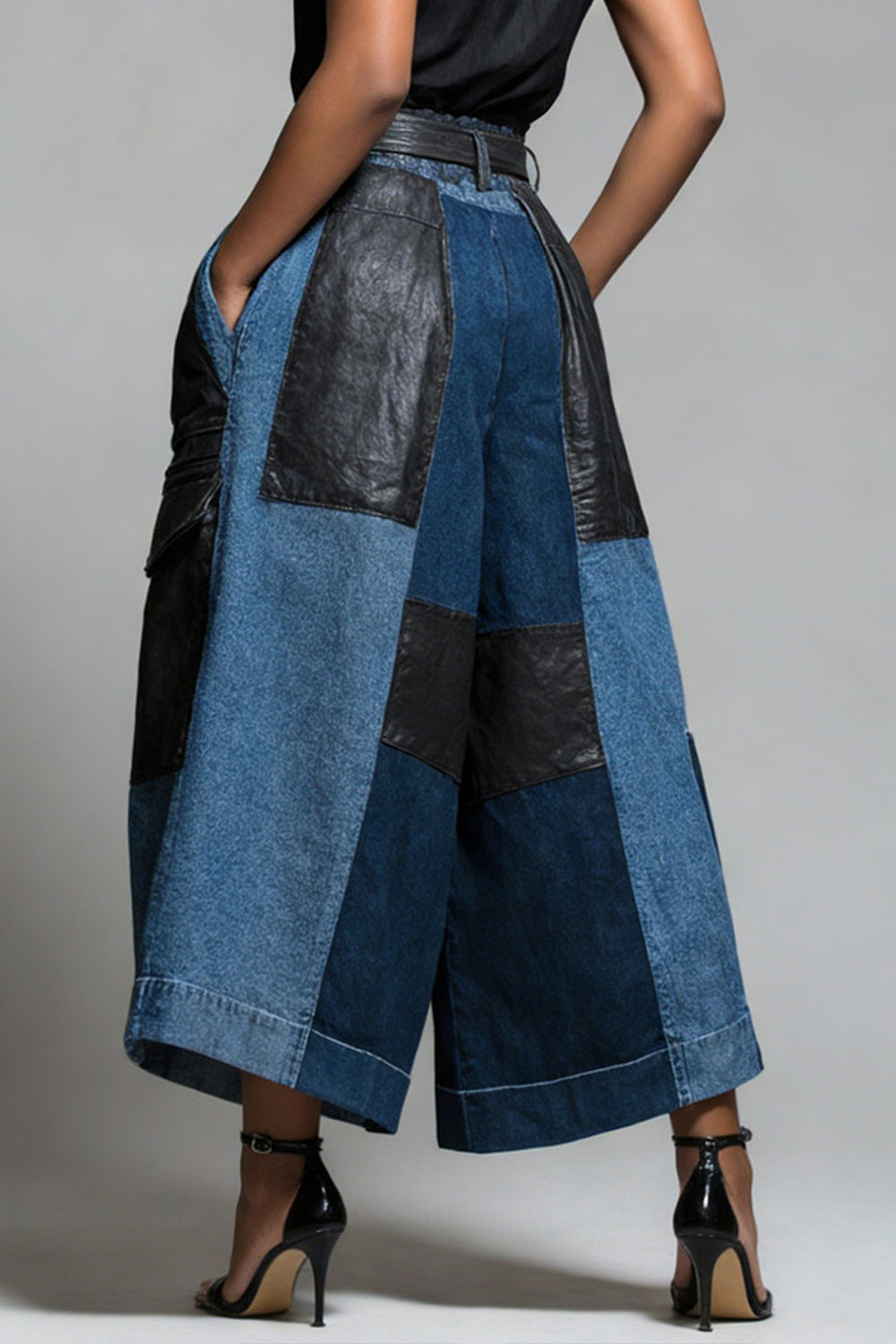Xpluswear Design Plus Size Daily PU Leather Blue Contrast Pocket Denim Pants