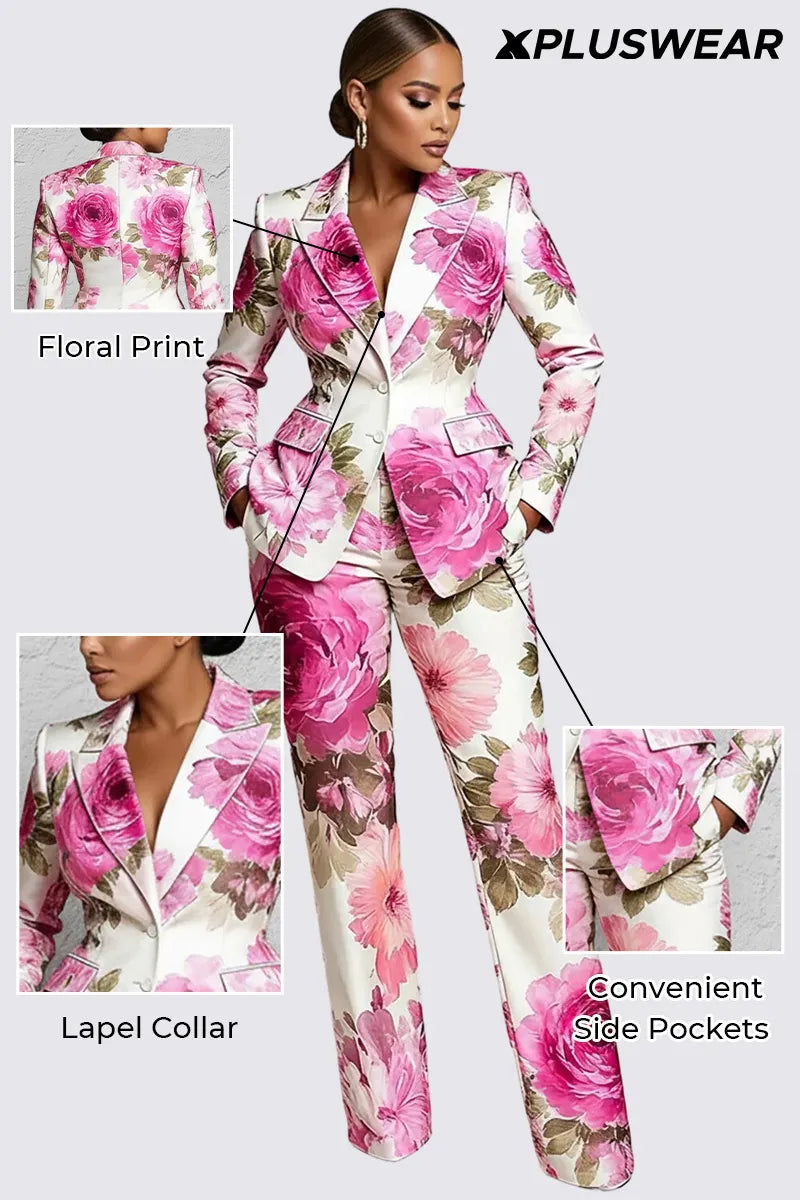 Yellow Floral Lapel Collar Long Sleeve Pocket Two Piece Pant Suits