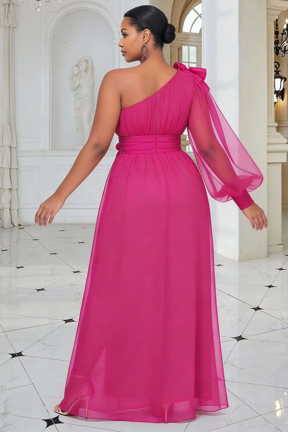 Hot Pink One Shoulder Long Sleeve Split 3D Tulle Maxi Dresses