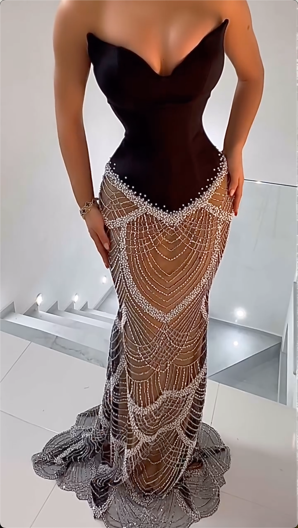 Gorgeous Black Strapless Beaded Mermaid Maxi Dress
