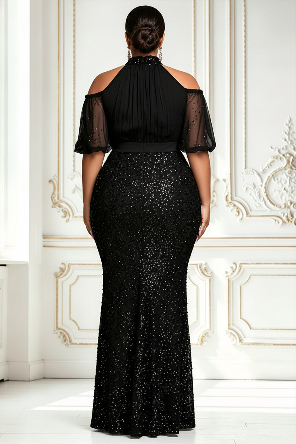 Sequin Black Cold Shoulder Short Sleeve Bodycon Contrast Chiffon Maxi Dresses