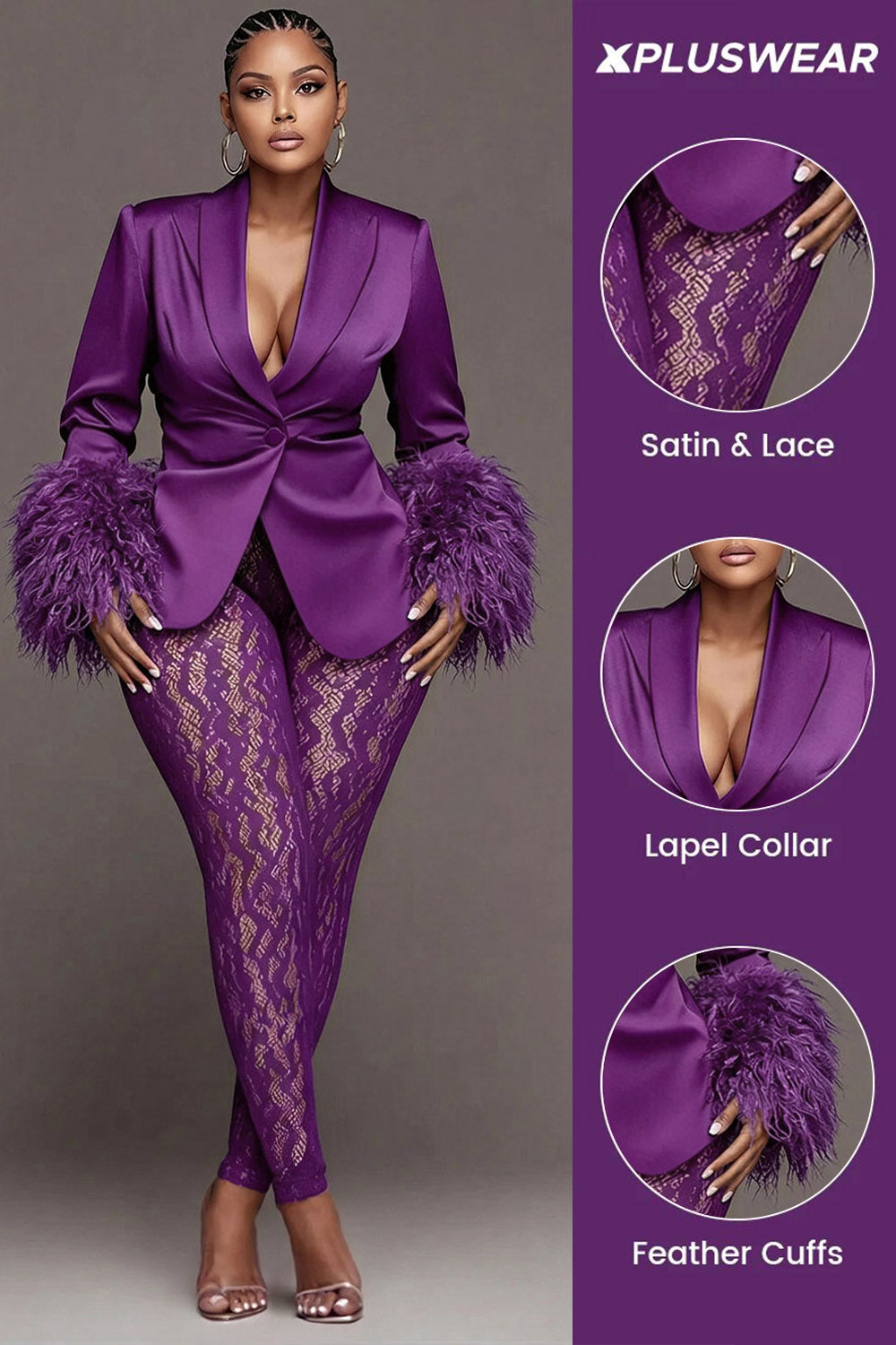 Mardi Gras Lace Purple Lapel Collar Long Sleeve Feather See Through Satin Two Piece Pant Suits