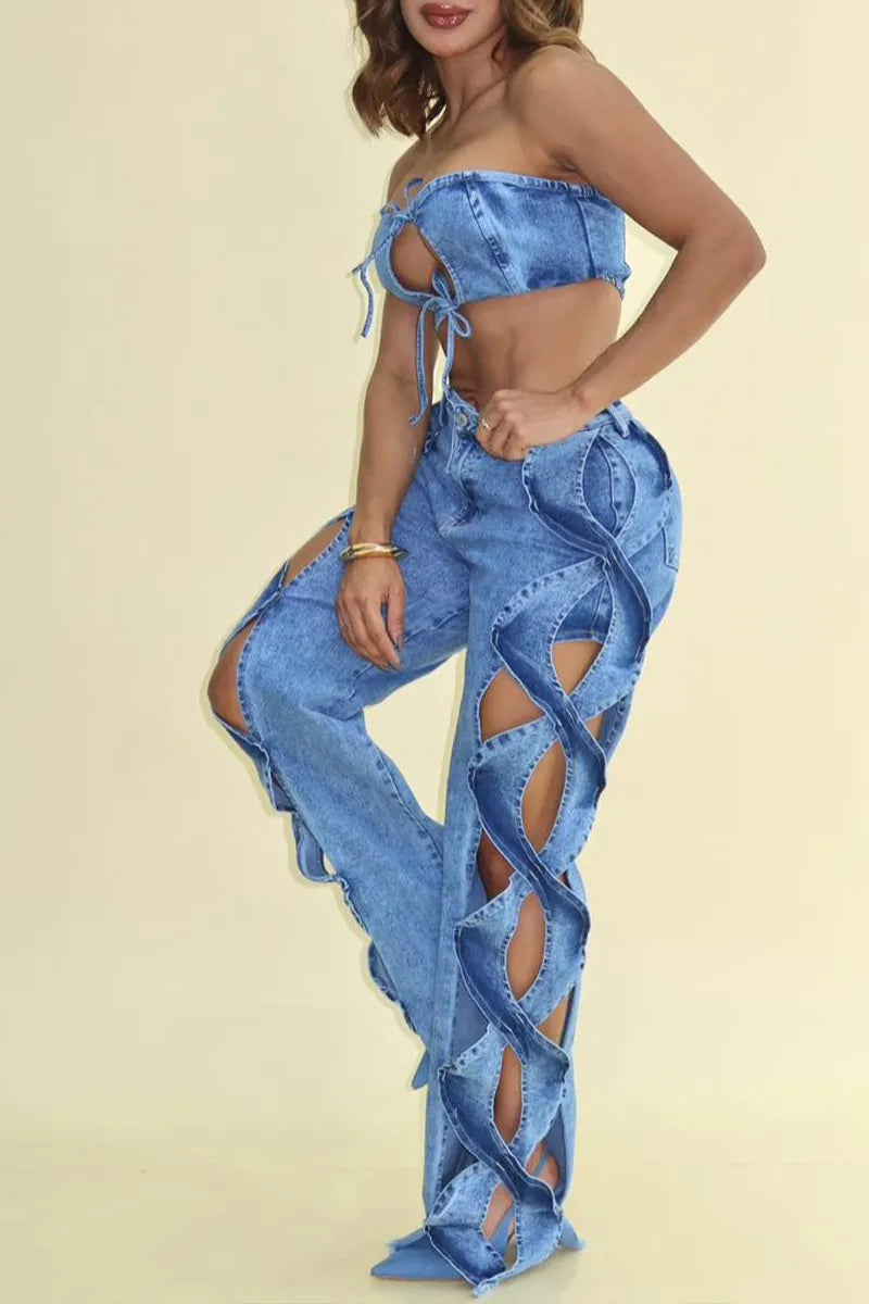 Women's Light Wash Denim Tie-Front Cutout Tube Top Or Ruffle Trim Cut-Out Wide Leg Pants