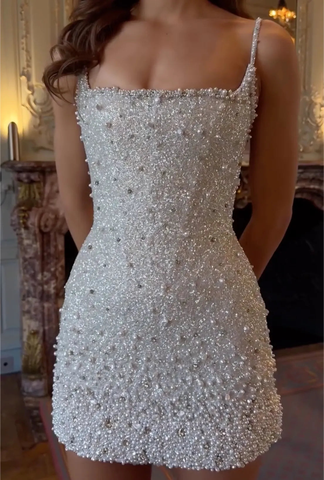 Silver Square Neck Pearl & Crystal Embellished Mini Dress - Spaghetti Strap Formal Cocktail Gown