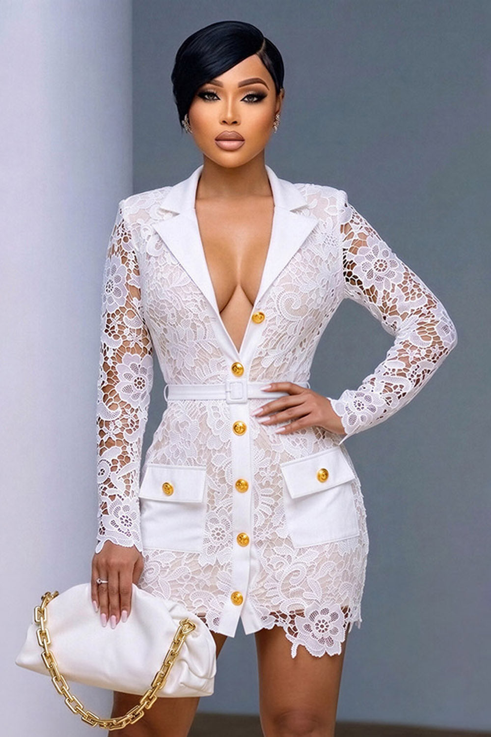 Notched Lapel Metal Button Lace Blazer Bodycon Mini Dresses-White [Pre Order]