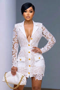 Notched Lapel Metal Button Lace Blazer Bodycon Mini Dresses-White [Pre Order]