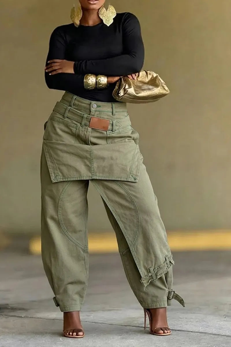 Women's Asymmetrical Utility Pants with Patchwork & Adjustable Ankle Straps