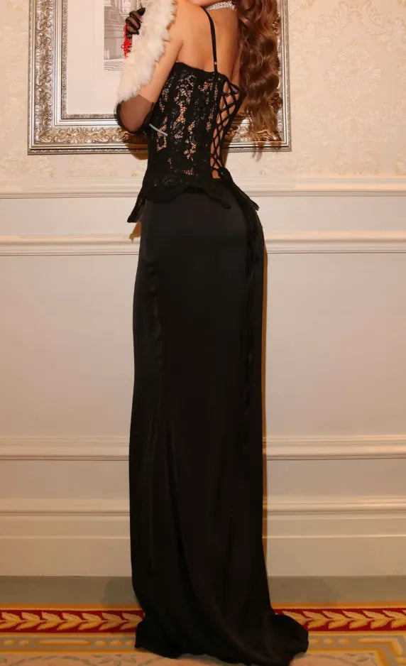 Black Lace Corset Spaghetti Strap Pearl Accent Satin Mermaid Maxi Dress