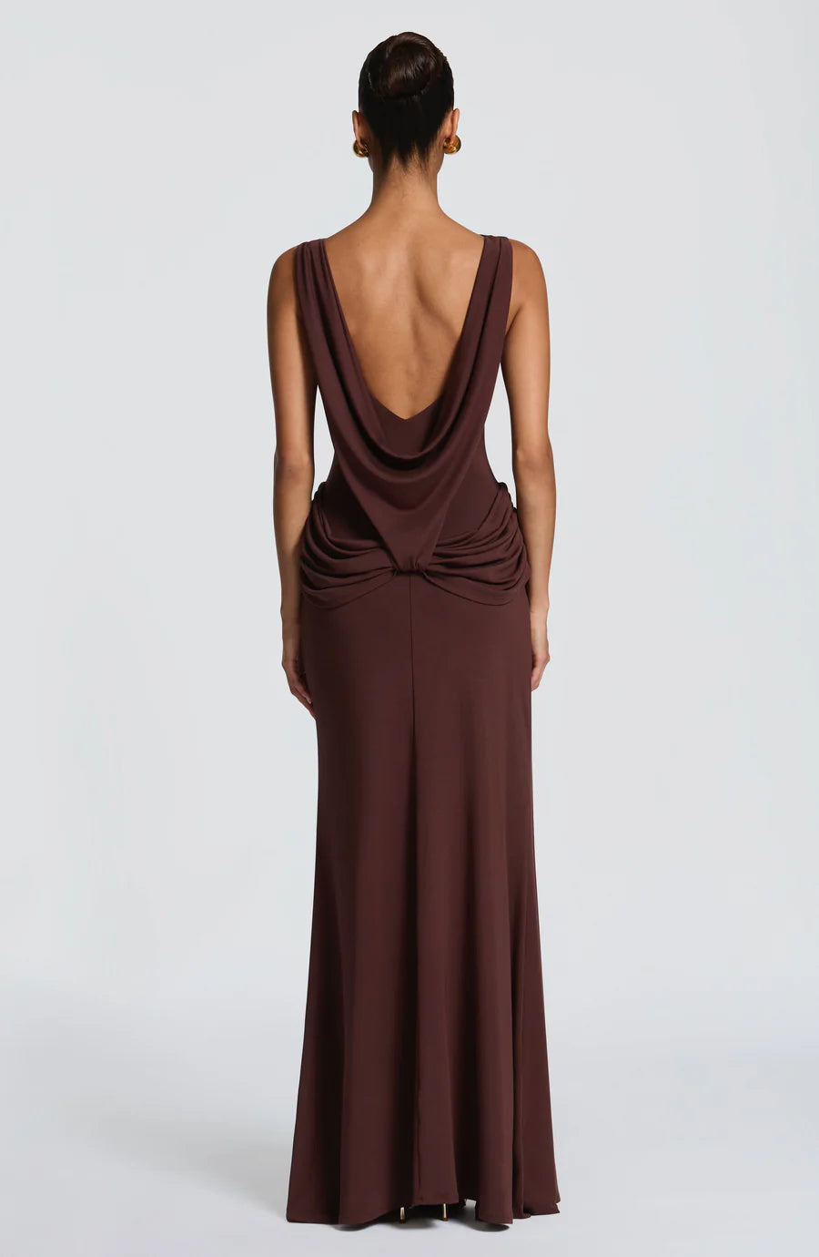Chocolate Brown Sleeveless Maxi Dress with Cowl Back & High Slit
