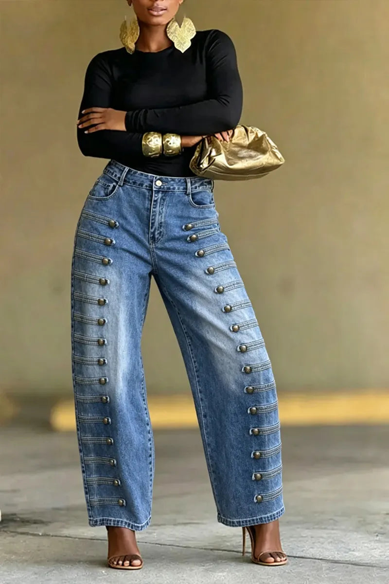 Women High Waist Two Side Multi Metal Button Stitch Detail Loose Wide Leg Washed Blue Denim Jeans