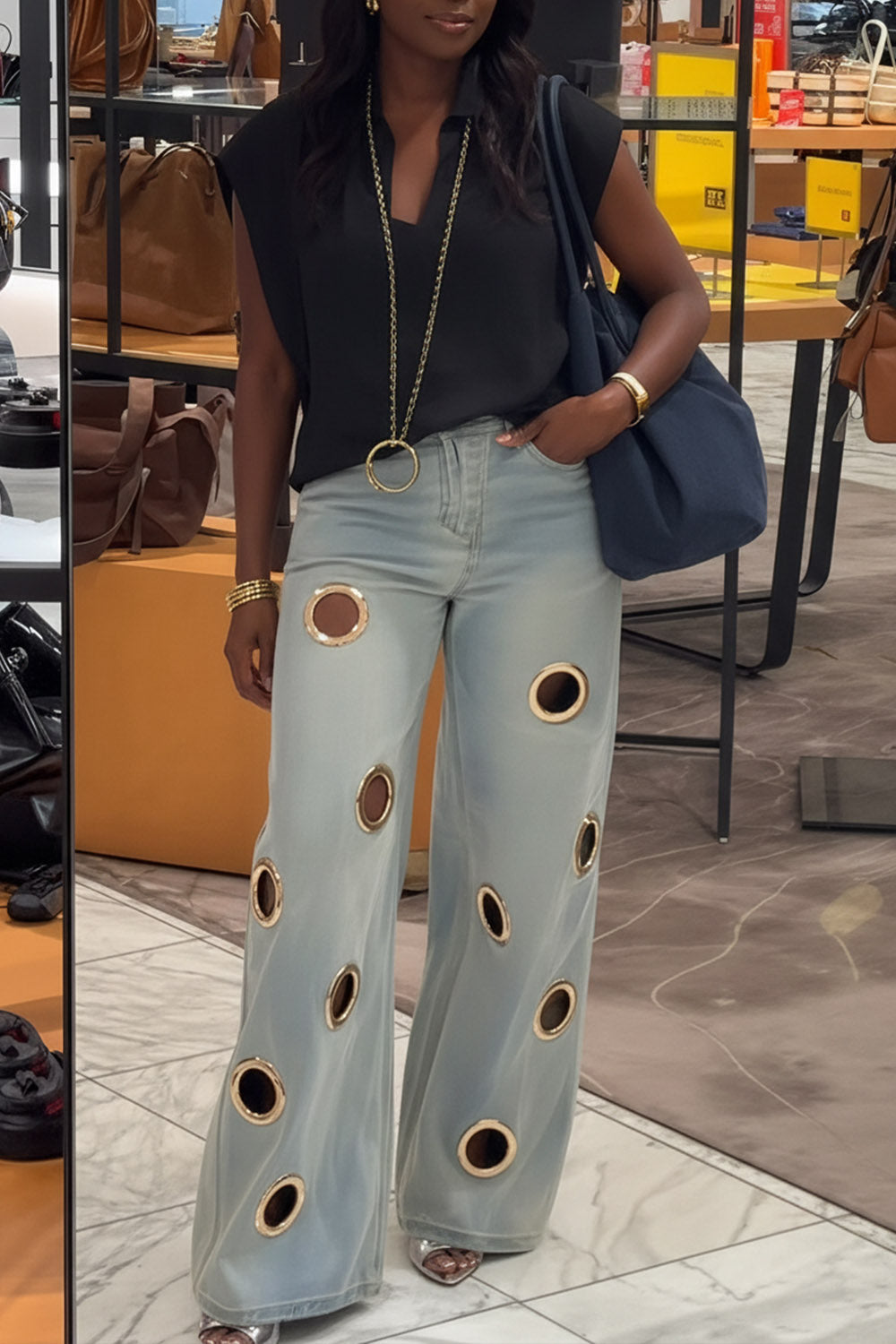 Plus Size Business Casual Blue Cut Out Casual Wide Leg Denim Jeans