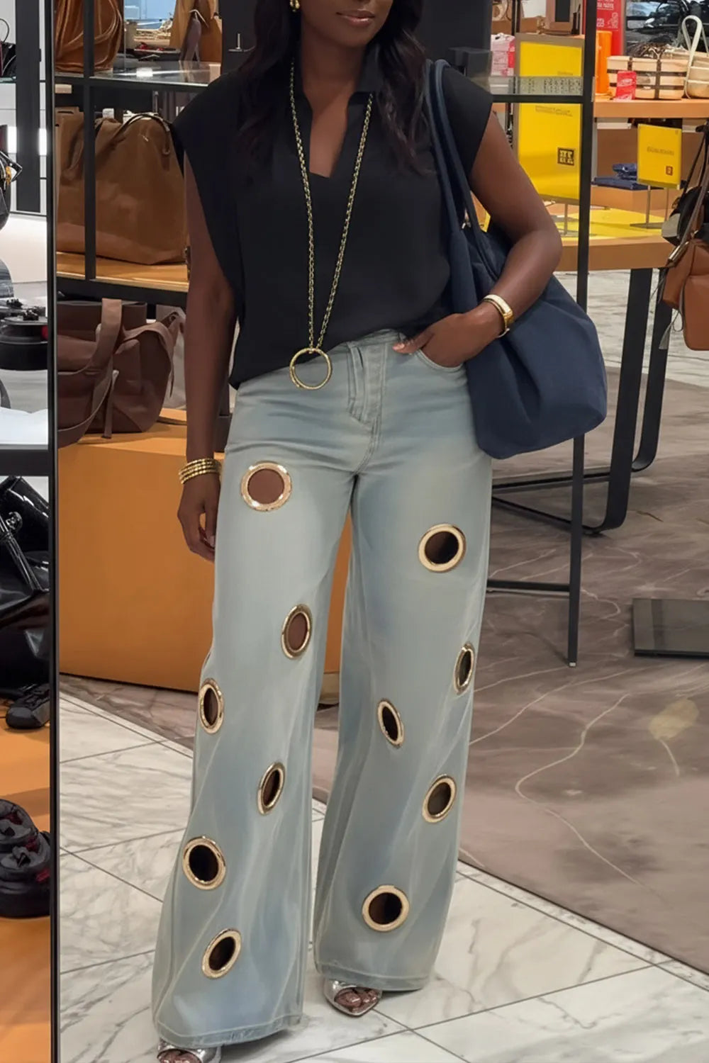 Plus Size Business Casual Blue Cut Out Casual Wide Leg Denim Jeans