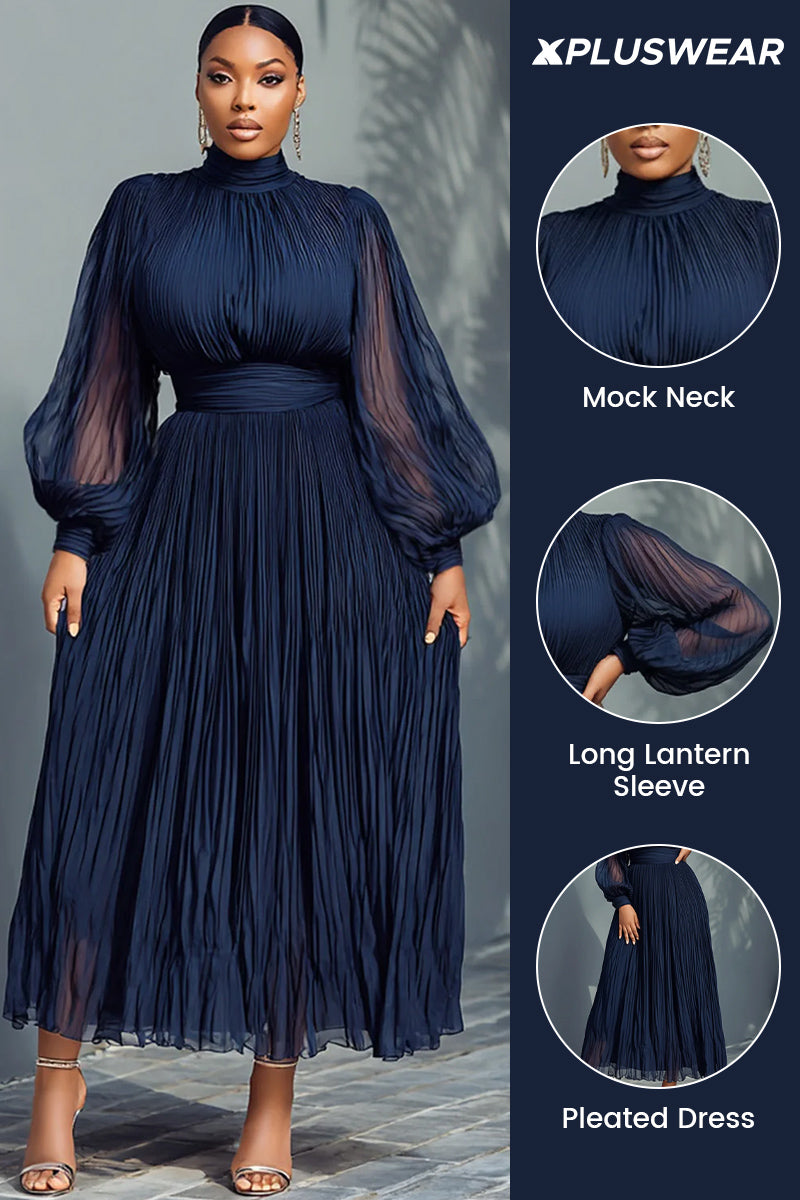 Churchs Navy Blue Mock Neck Lantern Sleeve Long Sleeve See Through Elegant Ruffled Midi Dresses