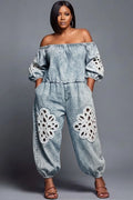 Xpluswear Design Plus Size Vacation White Off The Shoulder Half Sleeve Cut Out Pocket Denim Jumpsuits [Pre-Order]