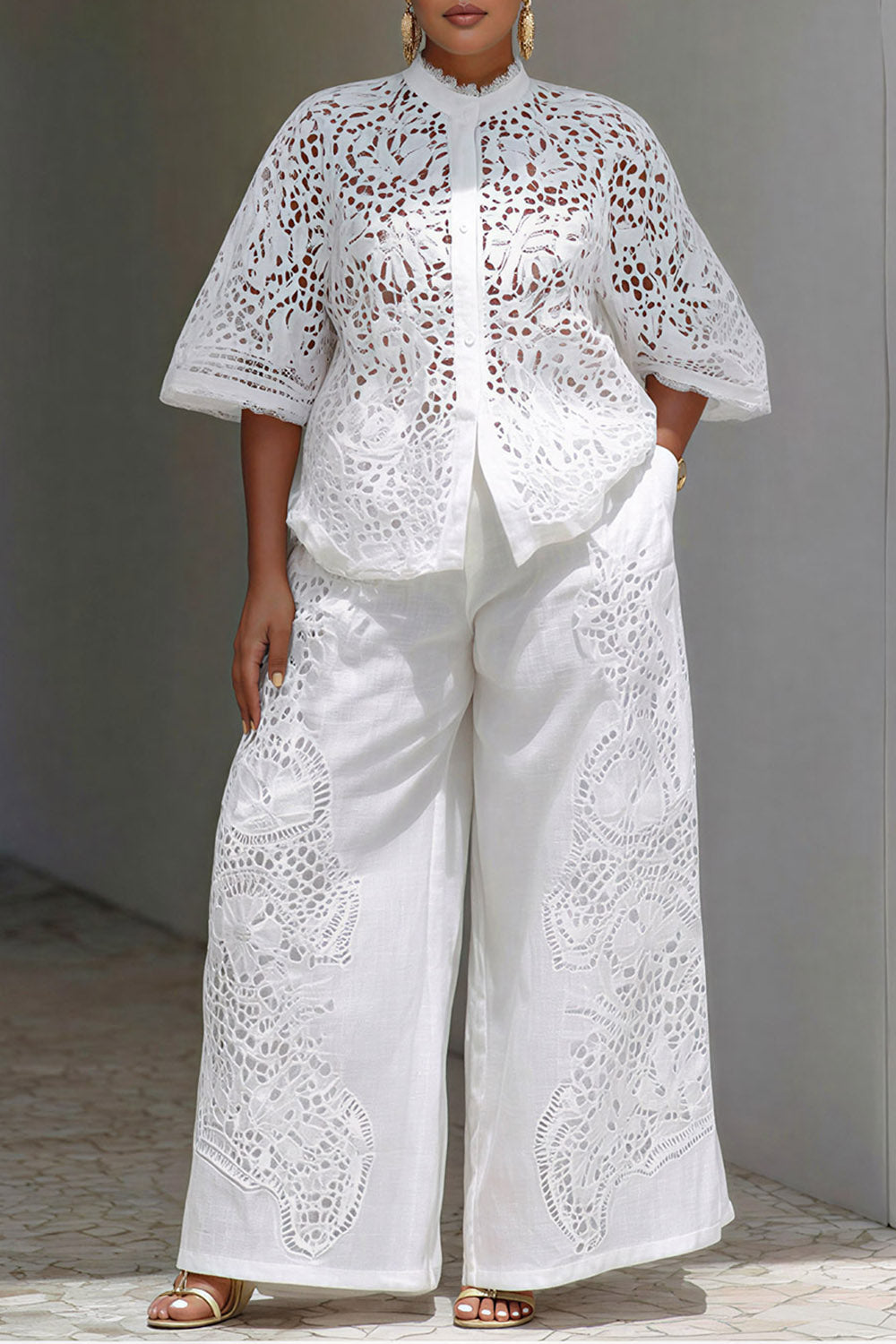 Vacation White Stand-Up Collar Flare Half Sleeve Cut Out Pocket Guipure Lace Two Piece Pant Sets