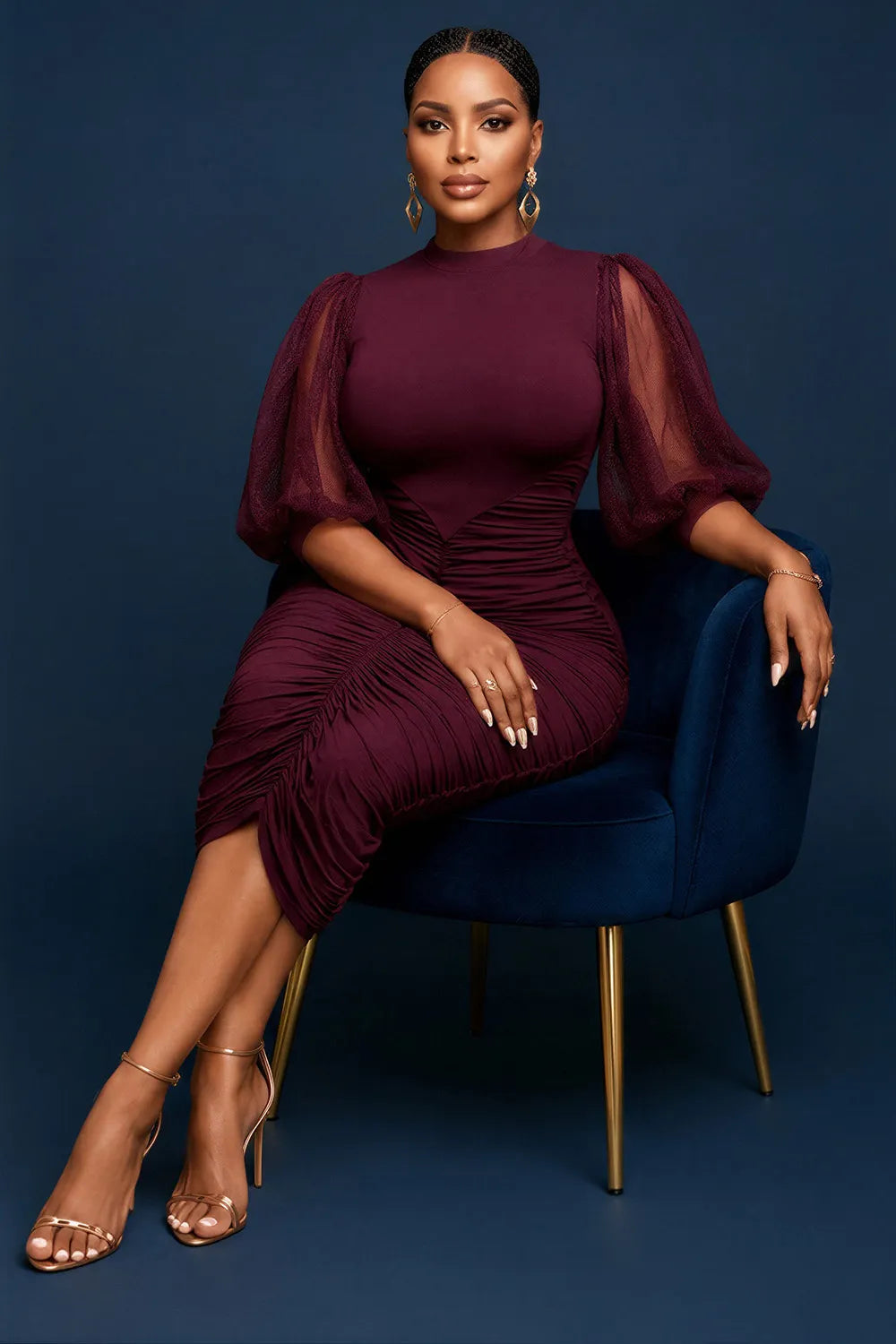 Cocktail Party Burgundy Round Neck Puff Sleeve Short Sleeve Fold Bodycon Tulle Midi Dresses
