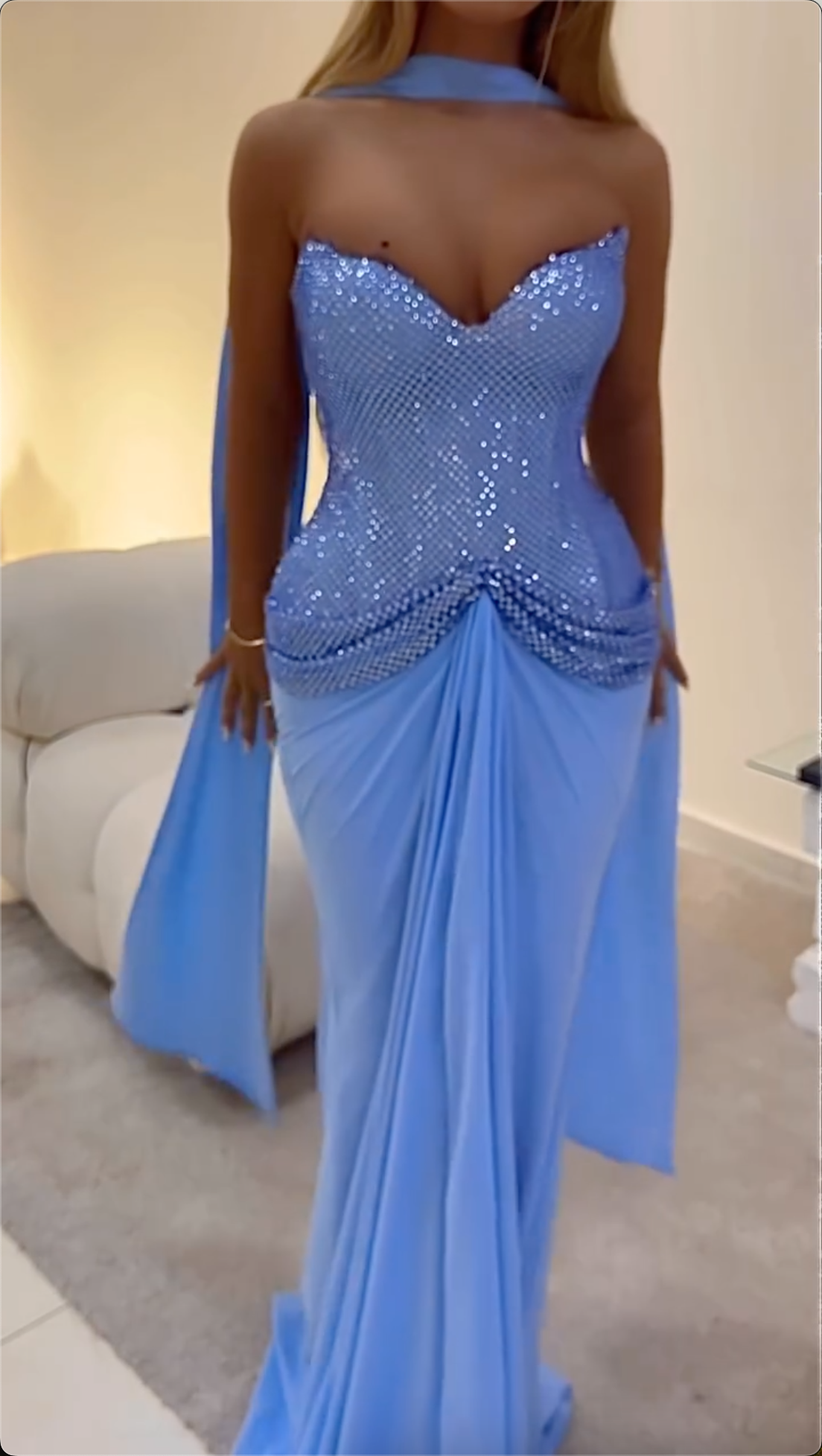 Stunning Light Blue Strapless Sequin Mermaid Maxi Dress