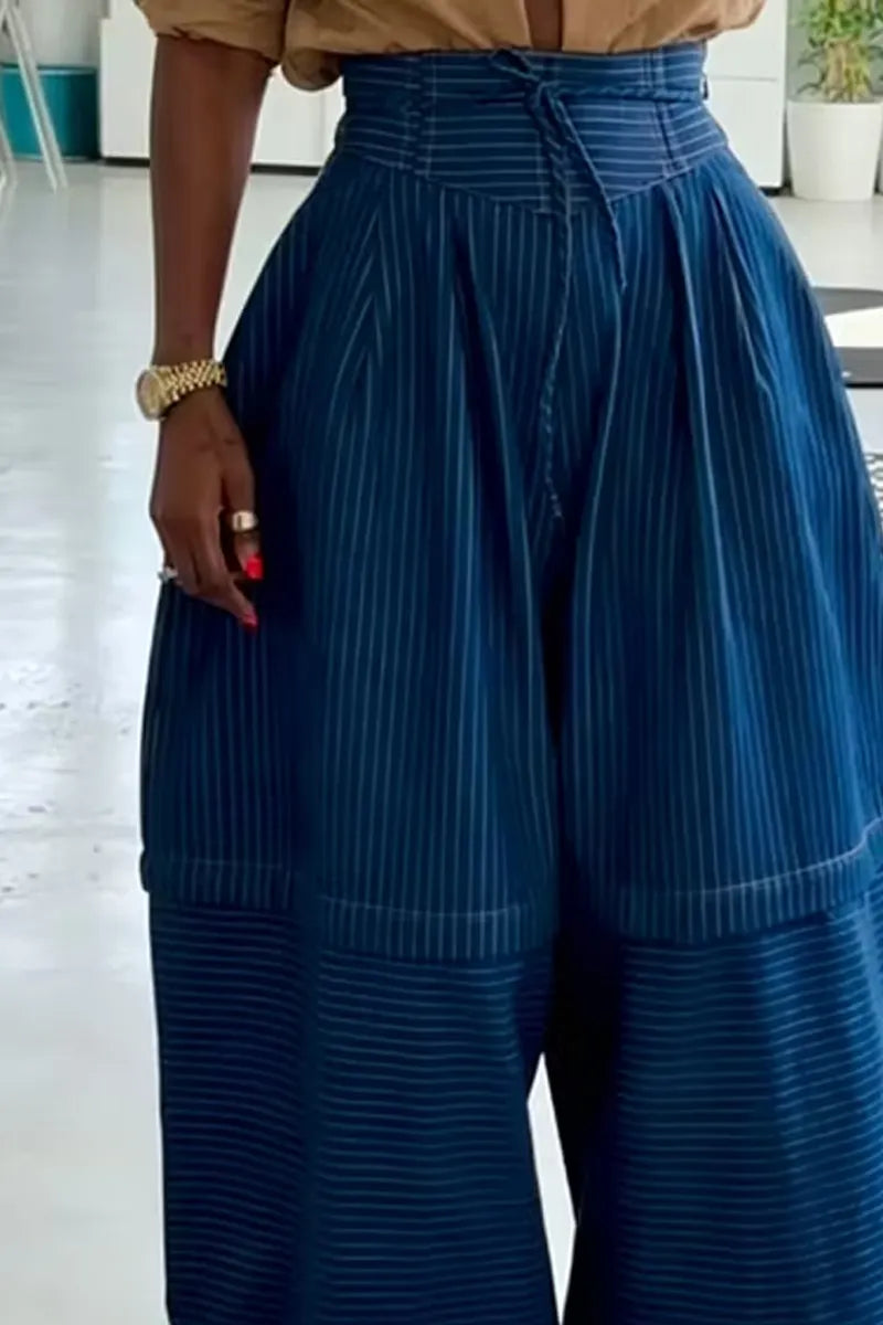Women's Wide-Leg Pinstripe Trousers with Tiered Voluminous Silhouette
