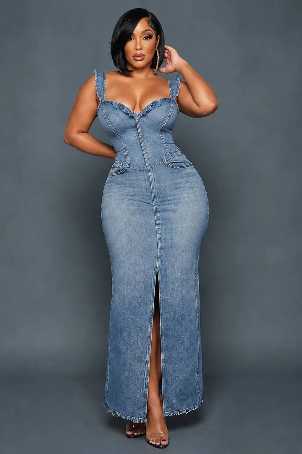 Wide Strap Sweetheart Neck Slit Vacation Denim Maxi Dresses-Blue [Pre Order]