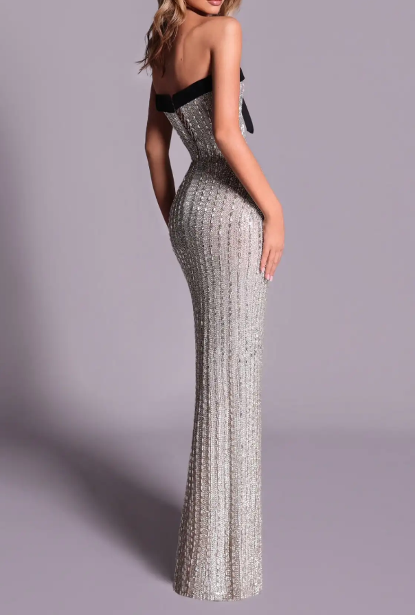 Silver Strapless Sequin Embellished Maxi Dress