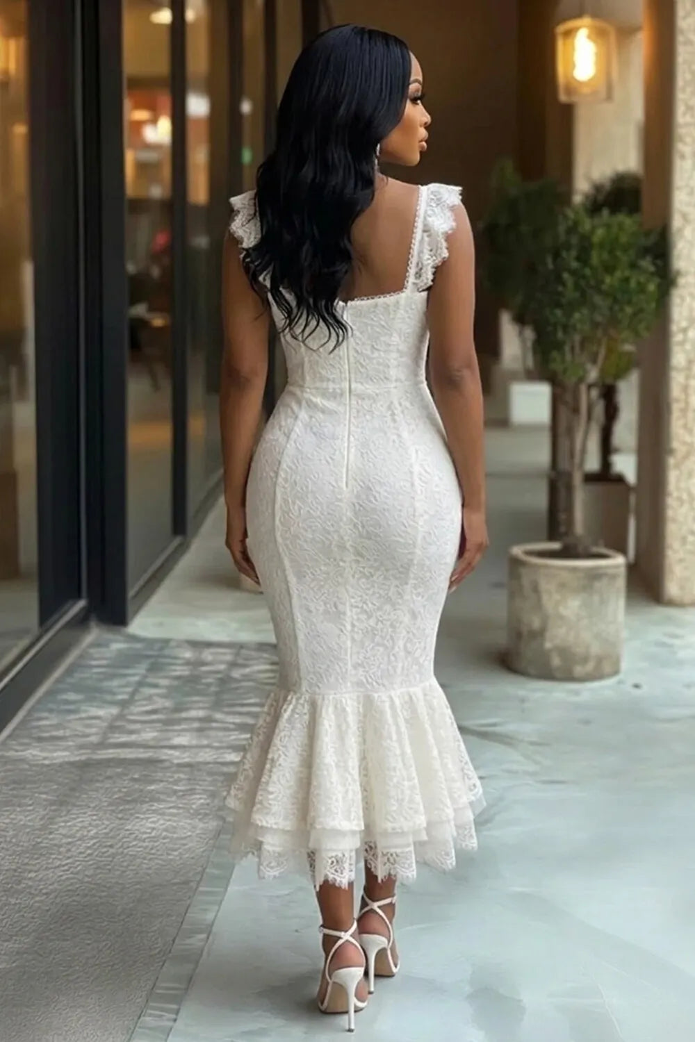 Ruffle Wide Straps Jacquard Fishtail Gowns Maxi Dresses-White