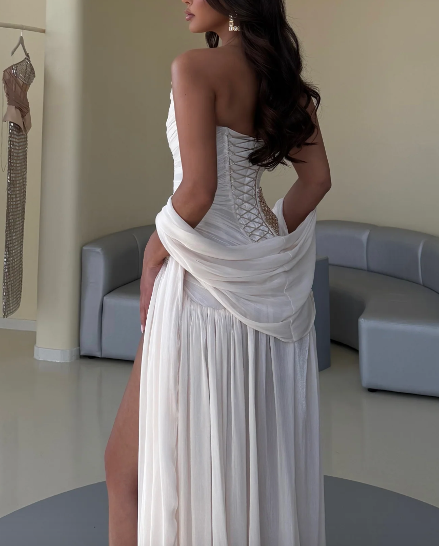 White Gold Rhinestone One Shoulder Maxi Dress