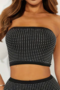 Women's Casual Rhinestone Top+Casual Rhinestone Embellished Skirt Set