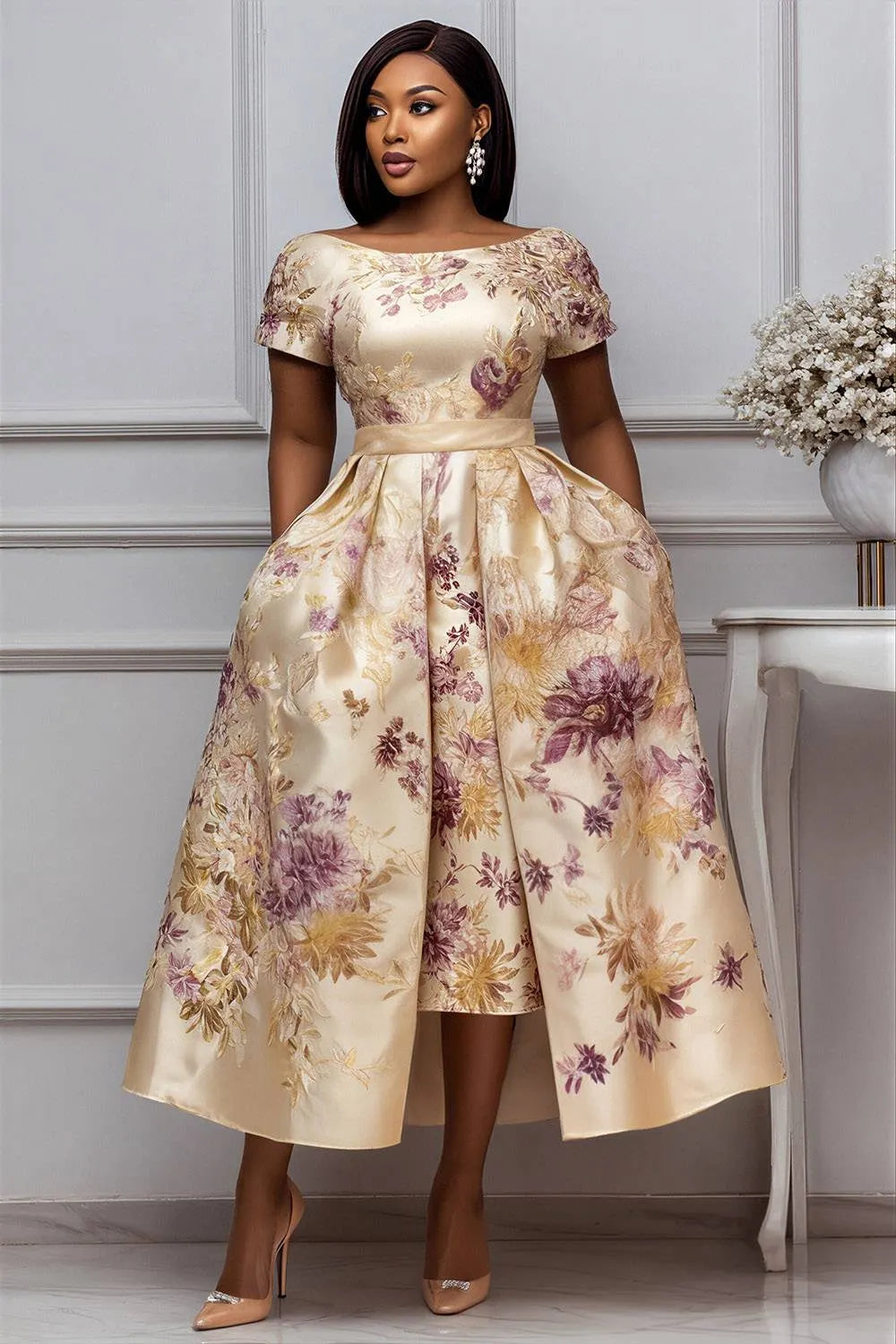 Wedding Guest Elegant Champagne Floral Short Sleeve Pocket Satin Midi Dresses