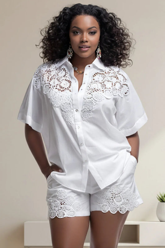 Vacation Casual White Shirt Collar Short Sleeve Cut Out Pocket Guipure Lace Two Piece Short Sets