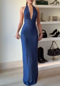 Royal Blue Rhinestone Halter Maxi Dress with Deep V-Neck & Backless Design