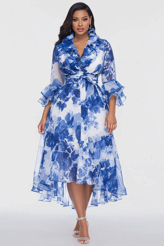 Vacation Blue Floral V Neck 3/4 Sleeve Ruffle Chiffon Midi Dresses