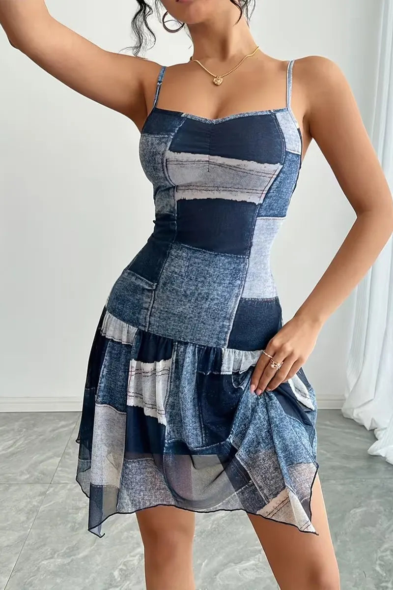 Women's Suspender Waist Cinching Patch Casual Denim Midi Dresses