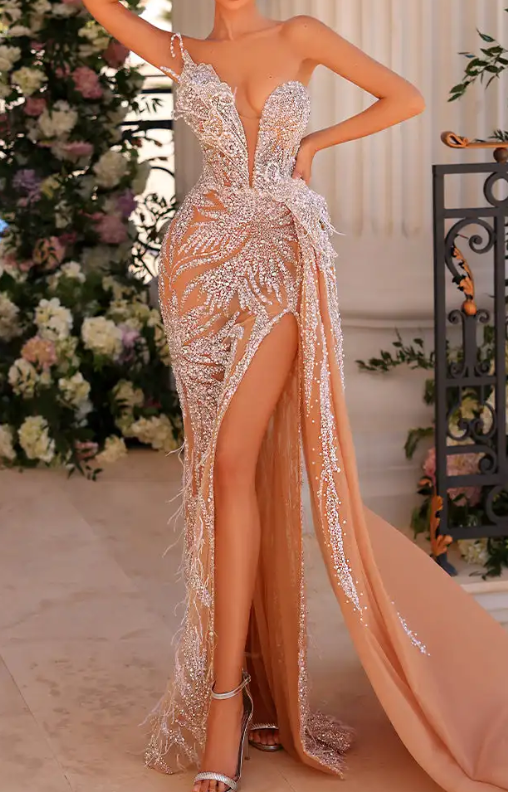 Nude One-Shoulder Crystal Embellished Maxi Dress