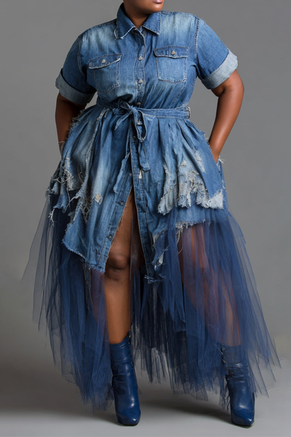 Xpluswear Design Plus Size Party Tulle Blue Shirt Collar Short Sleeve Ripped Pocket Denim Midi Dresses