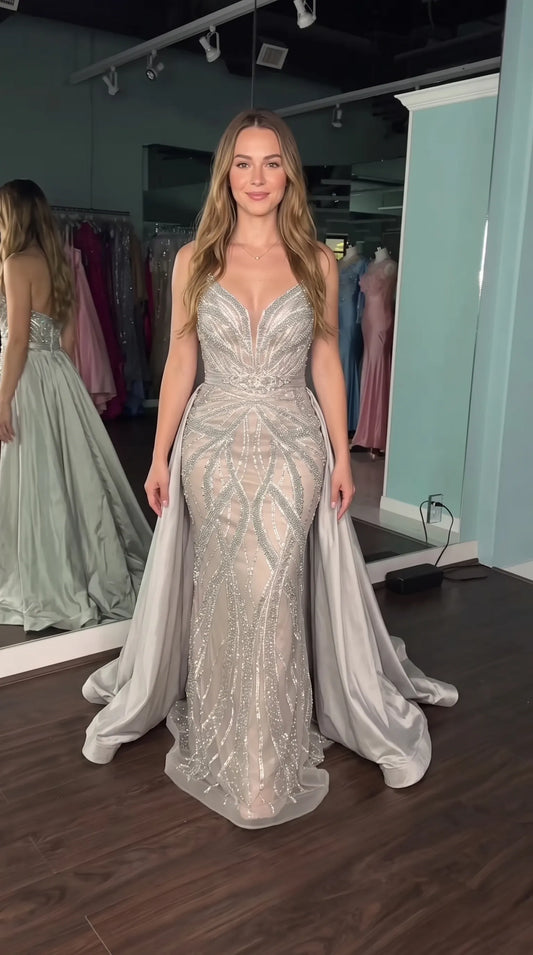 Sequined Mermaid Evening Gown with Detachable Overskirt